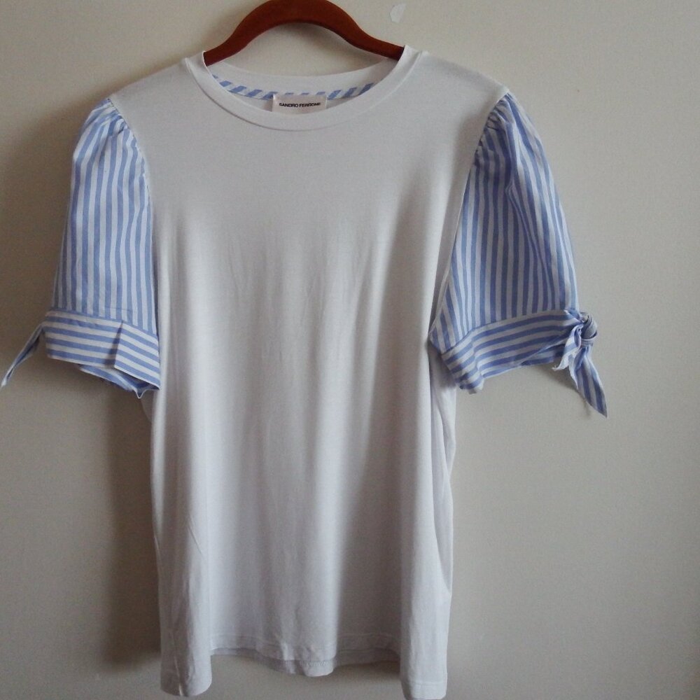 Sandro Ferrone White Blue/White Striped Sleeve Top L